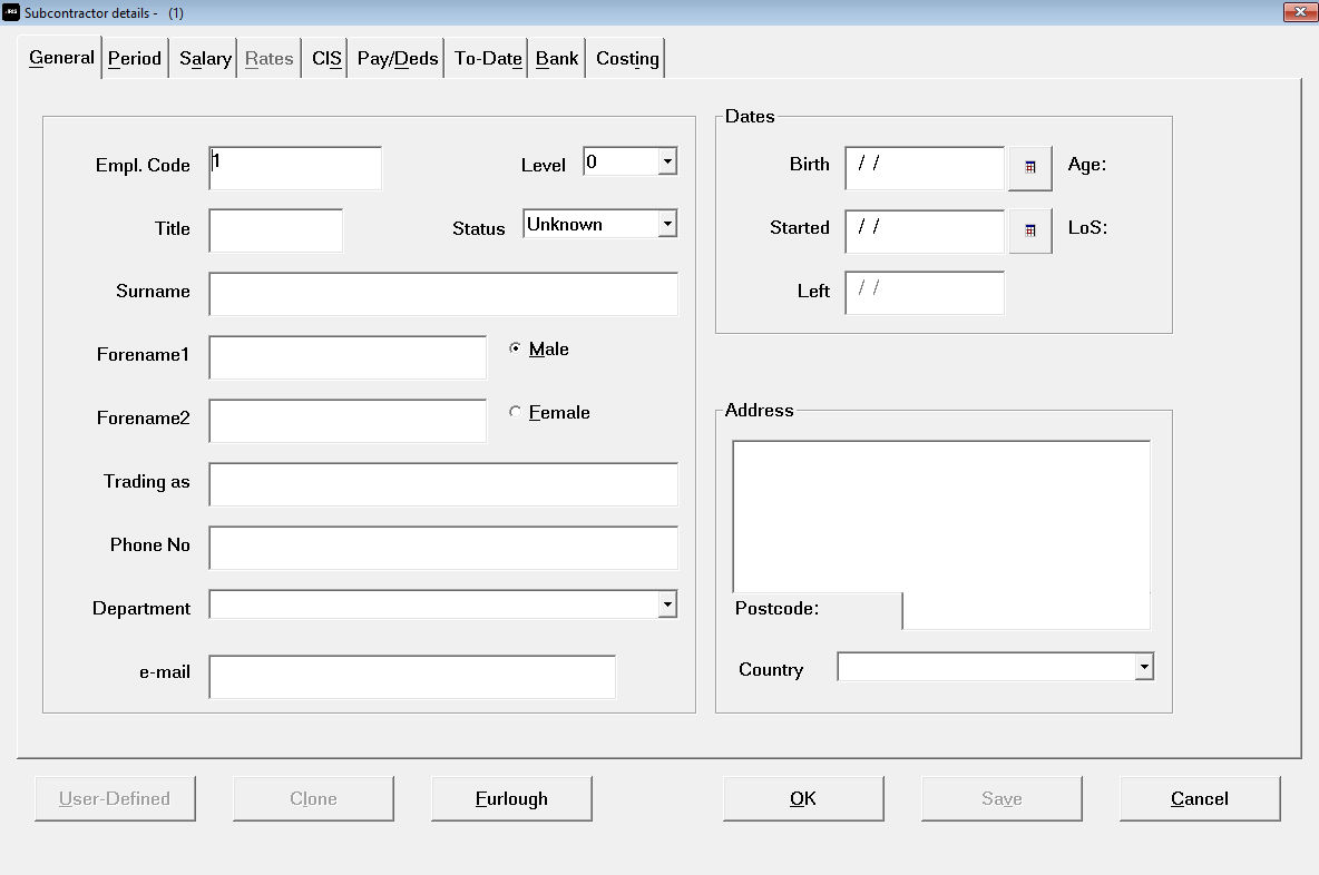 Subcontractor details screen fields 